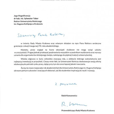 Podziękowania za zaproszenie na Inaugurację Roku Akademickiego 2022/2023 na URK