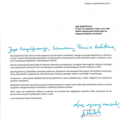 Podziękowania za zaproszenie na Inaugurację Roku Akademickiego 2022/2023 na URK