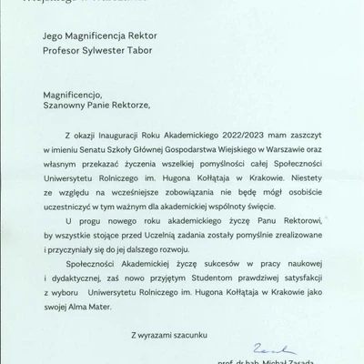 Podziękowania za zaproszenie na Inaugurację Roku Akademickiego 2022/2023 na URK