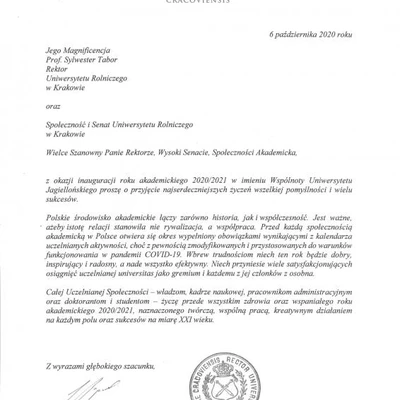 Podziękowania za zaproszenie na Inaugurację Roku Akademickiego