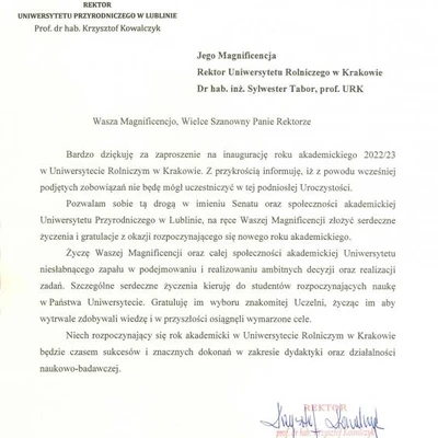Podziękowania za zaproszenie na Inaugurację Roku Akademickiego 2022/2023 na URK