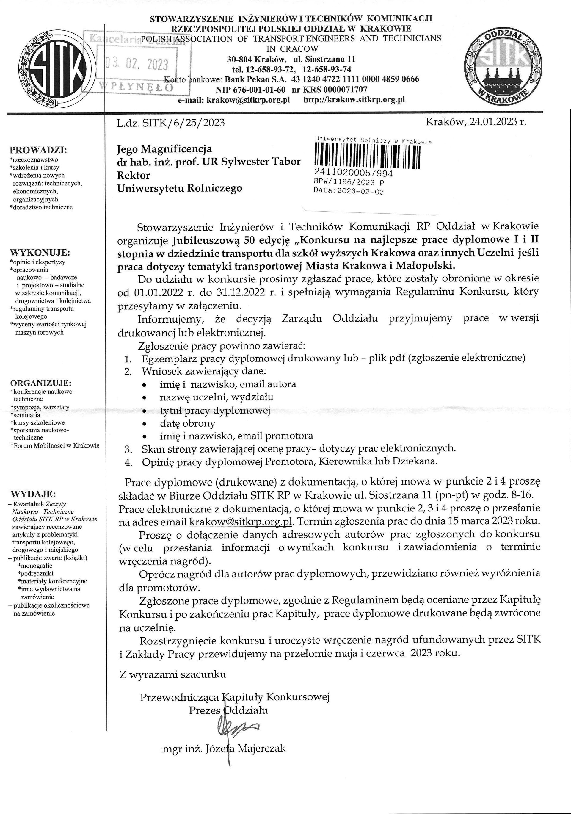 01. Pismo do JM Rektor dot Jubileusz 50 edycji Konkurs na najlepsze prace dyplomowe I i II stopnia w dziedzinie transportu dla szkół wyzszych Krakowa jesli praca dot  tematyki transportowej Miasta Krakowa i Mało...