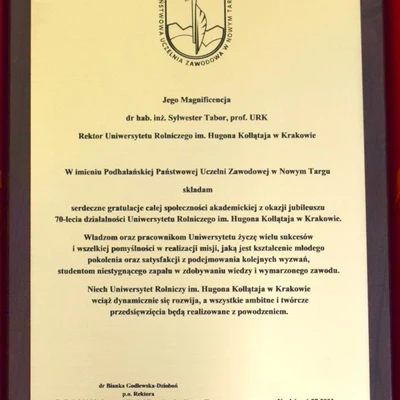 70-lecie URK - gratulacje i wyróżnienia