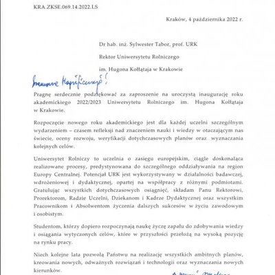 Podziękowania za zaproszenie na Inaugurację Roku Akademickiego 2022/2023 na URK
