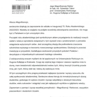 Podziękowania za zaproszenie na Inaugurację Roku Akademickiego 2022/2023 na URK