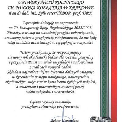 Podziękowania za zaproszenie na Inaugurację Roku Akademickiego 2022/2023 na URK