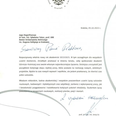Podziękowania za zaproszenie na Inaugurację Roku Akademickiego 2022/2023 na URK