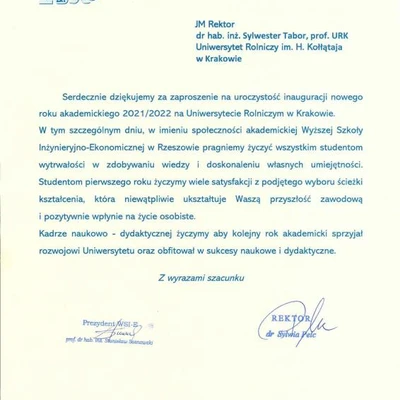 Podziękowania za zaproszenie na Inaugurację Roku Akademickiego