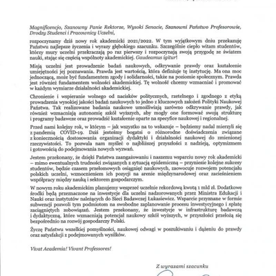 Podziękowania za zaproszenie na Inaugurację Roku Akademickiego
