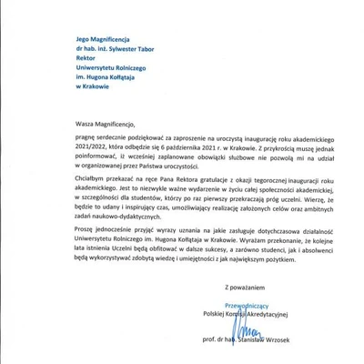 Podziękowania za zaproszenie na Inaugurację Roku Akademickiego