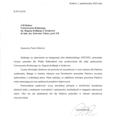 Podziękowania za zaproszenie na Inaugurację Roku Akademickiego