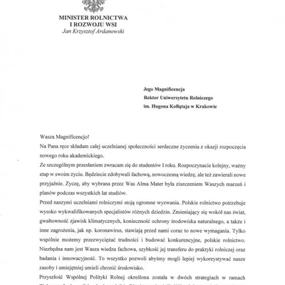 Podziękowania za zaproszenie na Inaugurację Roku Akademickiego
