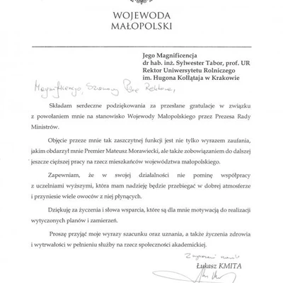 Podziękowania za zaproszenie na Inaugurację Roku Akademickiego