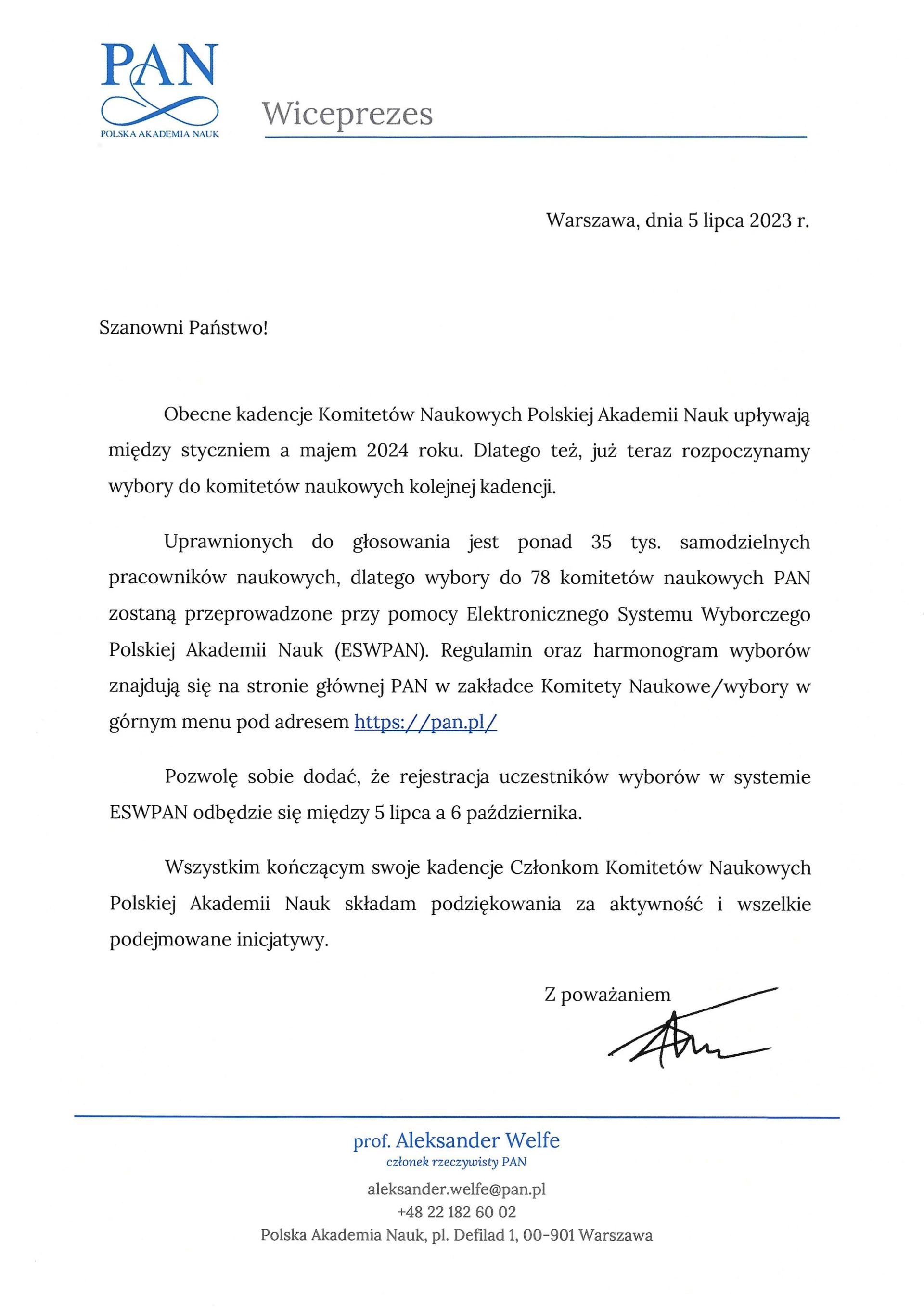 List_wybory do komitetów naukowych PAN