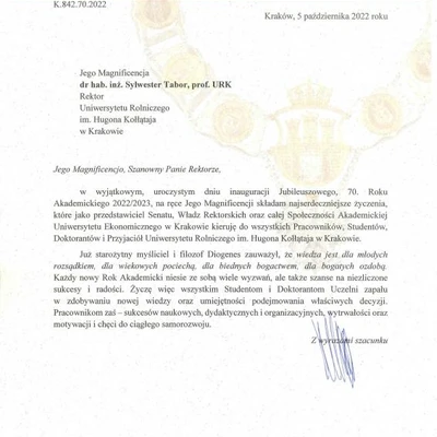 Podziękowania za zaproszenie na Inaugurację Roku Akademickiego 2022/2023 na URK