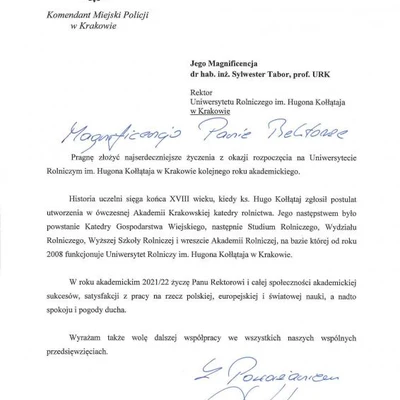 Podziękowania za zaproszenie na Inaugurację Roku Akademickiego
