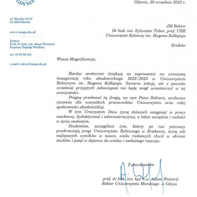 Podziękowania za zaproszenie na Inaugurację Roku Akademickiego 2022/2023 na URK