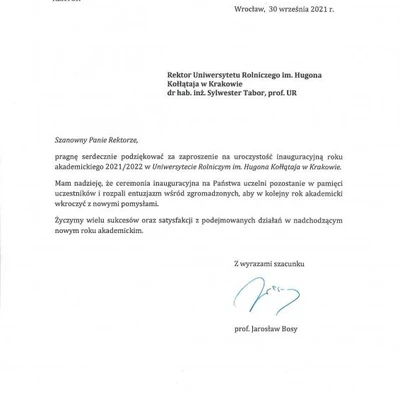 Podziękowania za zaproszenie na Inaugurację Roku Akademickiego