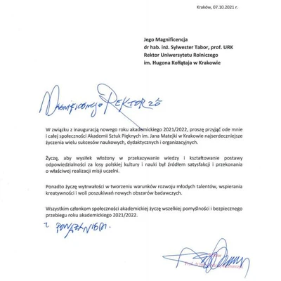 Podziękowania za zaproszenie na Inaugurację Roku Akademickiego