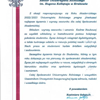 Podziękowania za zaproszenie na Inaugurację Roku Akademickiego 2022/2023 na URK