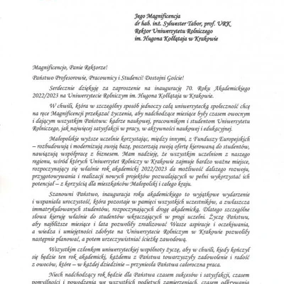 Podziękowania za zaproszenie na Inaugurację Roku Akademickiego 2022/2023 na URK