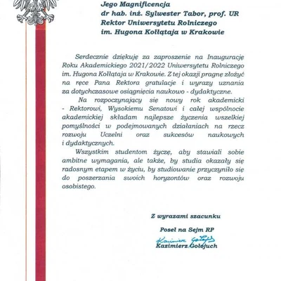 Podziękowania za zaproszenie na Inaugurację Roku Akademickiego