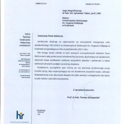 Podziękowania za zaproszenie na Inaugurację Roku Akademickiego