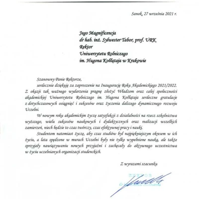 Podziękowania za zaproszenie na Inaugurację Roku Akademickiego