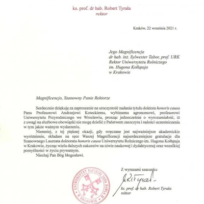 Podziękowania za zaproszenie na Inaugurację Roku Akademickiego
