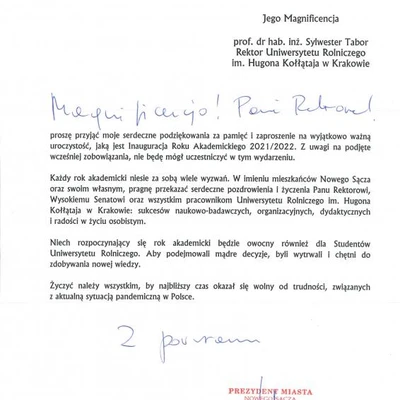 Podziękowania za zaproszenie na Inaugurację Roku Akademickiego