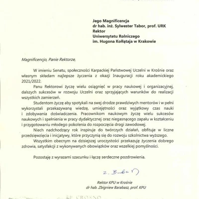 Podziękowania za zaproszenie na Inaugurację Roku Akademickiego