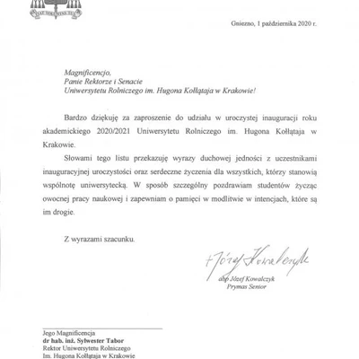 Podziękowania za zaproszenie na Inaugurację Roku Akademickiego