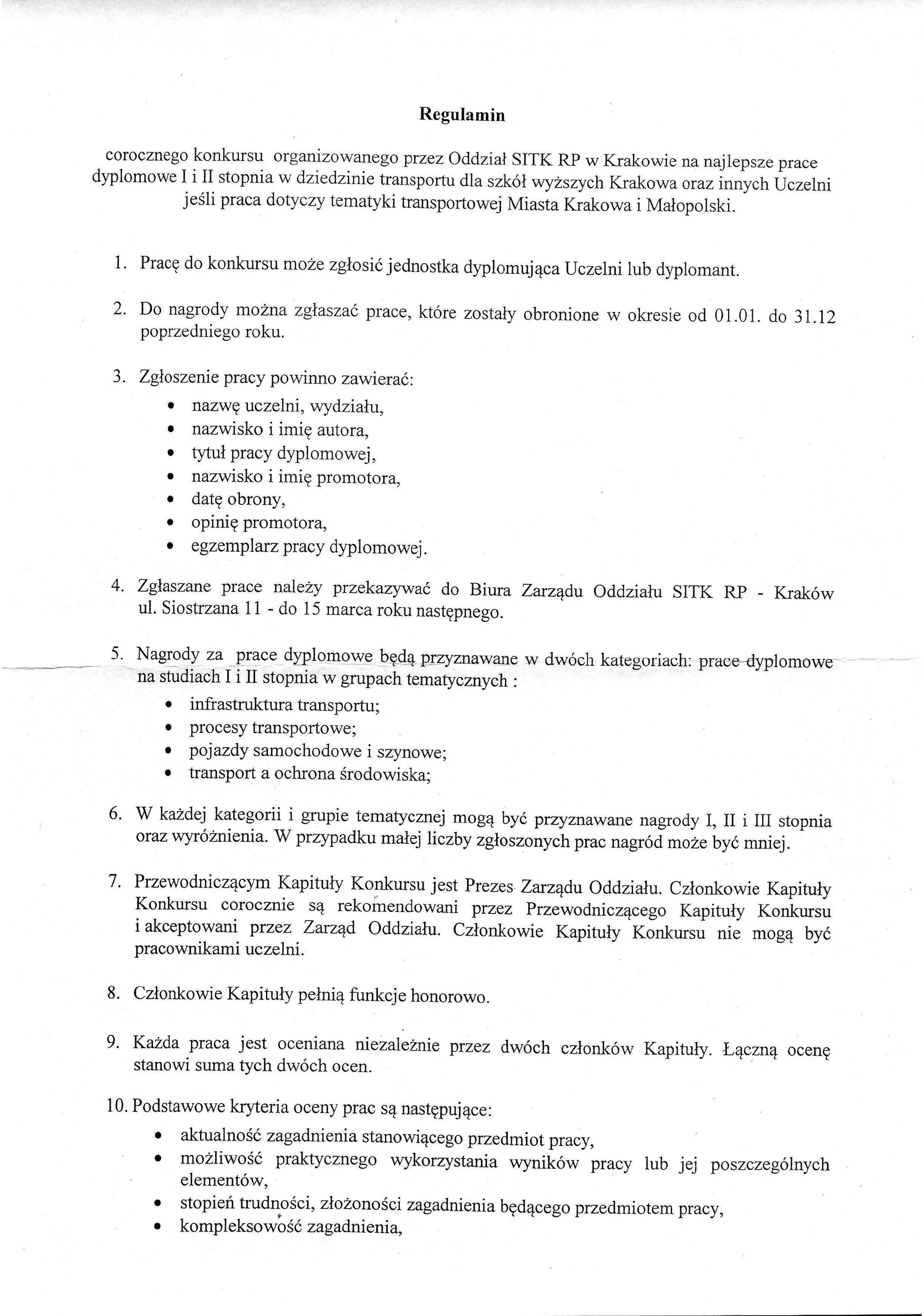 02. Pismo do JM Rektor dot Jubileusz 50 edycji Konkurs na najlepsze prace dyplomowe I i II stopnia w dziedzinie transportu dla szkół wyzszych Krakowa jesli praca dot  tematyki transportowej Miasta Krakowa i Mało...