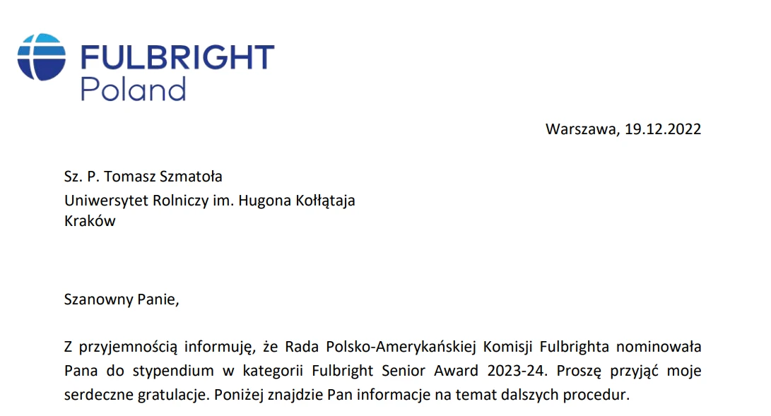 Dr inż. Tomasz Szmatoła z nagrodą w kategorii Fulbright Senior Award