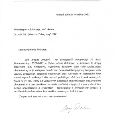 Podziękowania za zaproszenie na Inaugurację Roku Akademickiego 2022/2023 na URK
