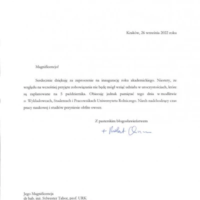 Podziękowania za zaproszenie na Inaugurację Roku Akademickiego 2022/2023 na URK