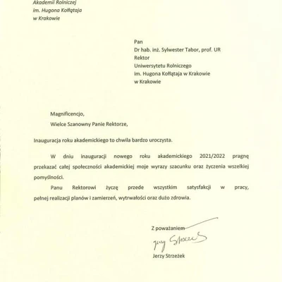 Podziękowania za zaproszenie na Inaugurację Roku Akademickiego