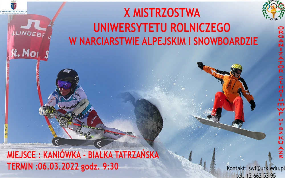 plakat - X MISTRZOSTWA UNIWERSYTETU ROLNICZEGO W NARCIARSTWIE ALPEJSKIM I SNOWBOARDZIE  
