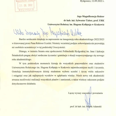 Podziękowania za zaproszenie na Inaugurację Roku Akademickiego 2022/2023 na URK