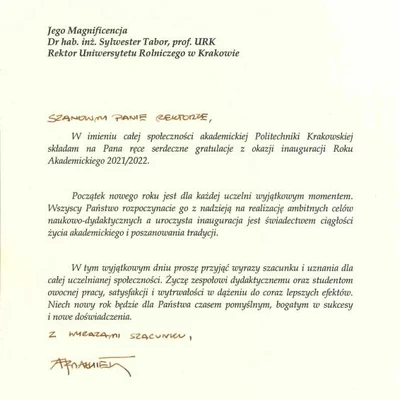 Podziękowania za zaproszenie na Inaugurację Roku Akademickiego