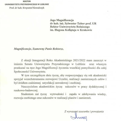 Podziękowania za zaproszenie na Inaugurację Roku Akademickiego
