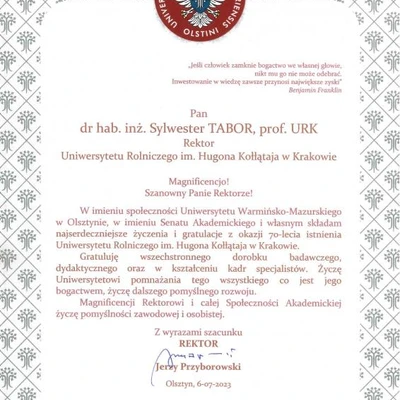70-lecie URK - gratulacje i wyróżnienia
