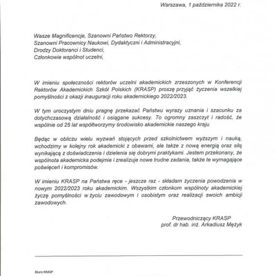 Podziękowania za zaproszenie na Inaugurację Roku Akademickiego 2022/2023 na URK