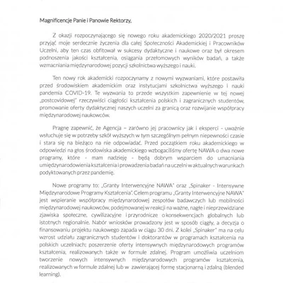 Podziękowania za zaproszenie na Inaugurację Roku Akademickiego