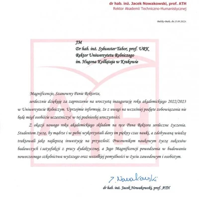 Podziękowania za zaproszenie na Inaugurację Roku Akademickiego 2022/2023 na URK