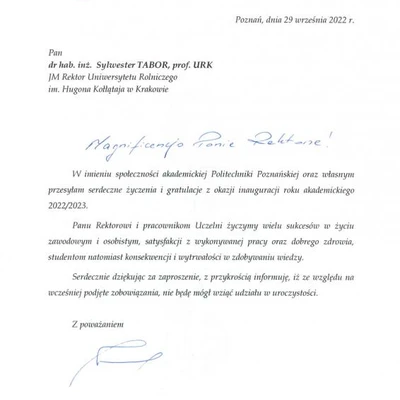 Podziękowania za zaproszenie na Inaugurację Roku Akademickiego 2022/2023 na URK