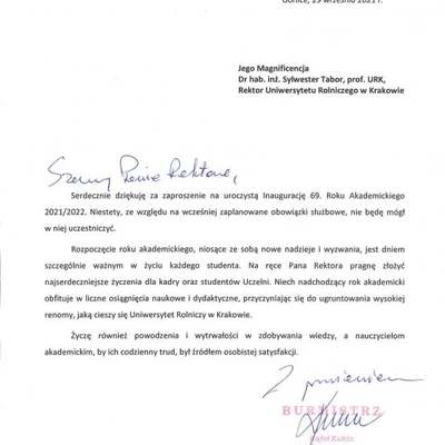 Podziękowania za zaproszenie na Inaugurację Roku Akademickiego