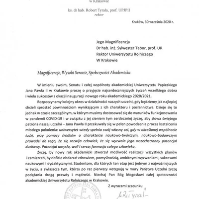 Podziękowania za zaproszenie na Inaugurację Roku Akademickiego