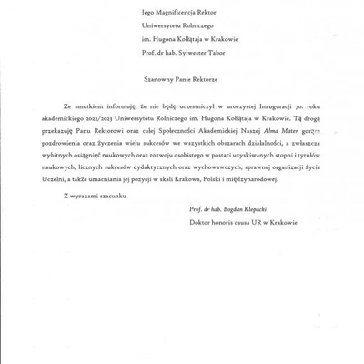 Podziękowania za zaproszenie na Inaugurację Roku Akademickiego 2022/2023 na URK