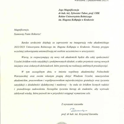 Podziękowania za zaproszenie na Inaugurację Roku Akademickiego 2022/2023 na URK